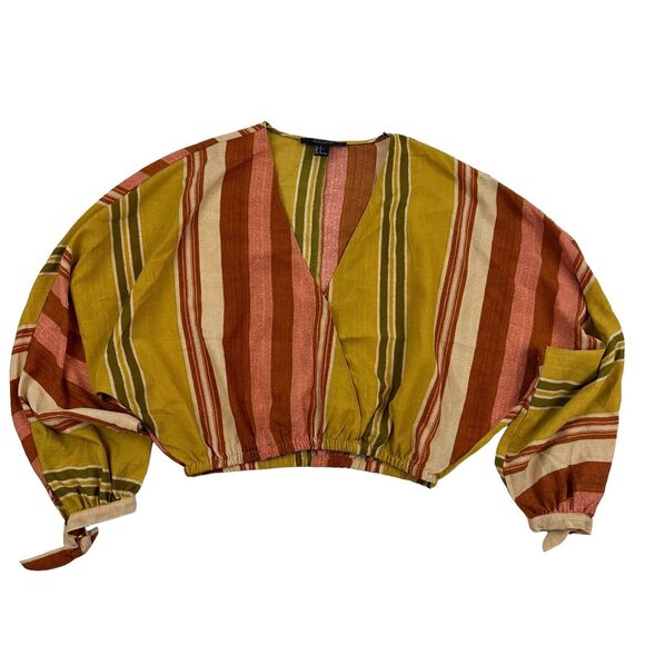 Forever 21 Contemporary Multicolor Striped Cross Front V-neck Blouse L/S Crop S - Picture 1 of 6